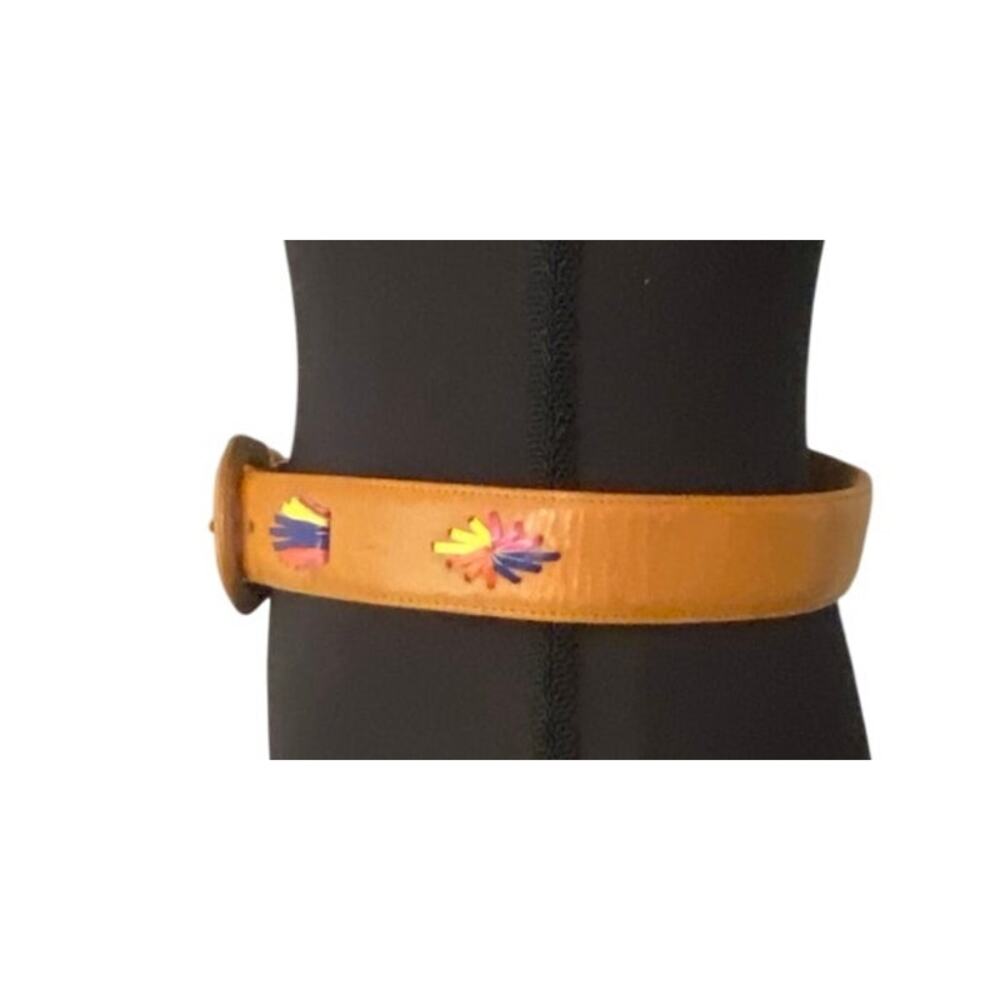 Harken USA Made Vintage Leather Belt Tan Colorful Inlay Western Boho Med 28–32 - Picture 2 of 10